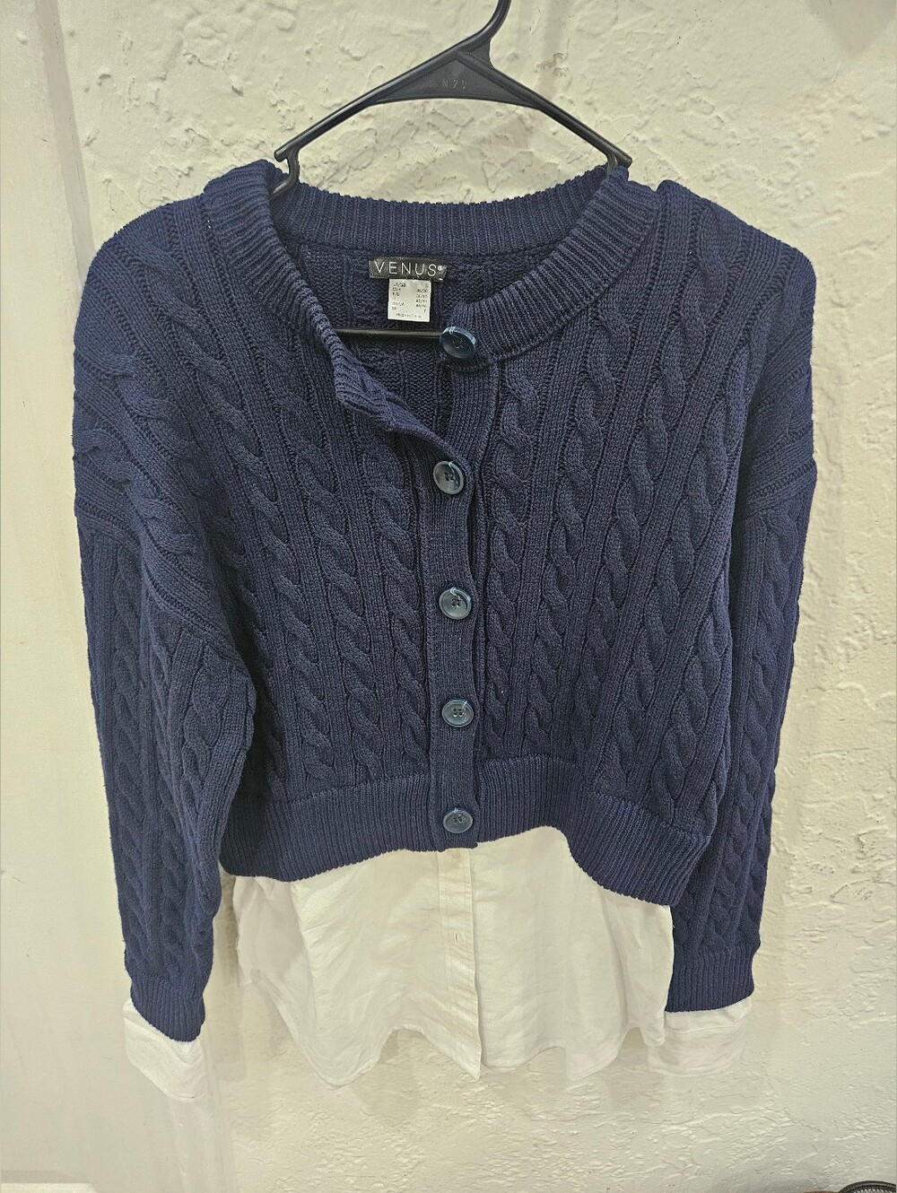 Venus Navy Blue Layered 2-in-1 Cable Knit Cardigan Faux Shirt Top Size S